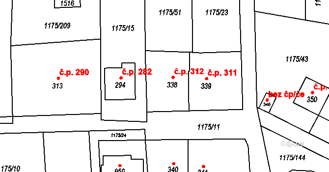 Vranov nad Dyjí 312 na parcele st. 338 v KÚ Vranov nad Dyjí, Katastrální mapa