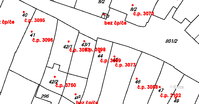 Znojmo 3099 na parcele st. 44 v KÚ Znojmo-Hradiště, Katastrální mapa