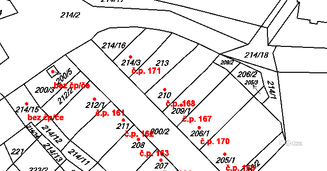 Uhřičice 168 na parcele st. 210 v KÚ Uhřičice, Katastrální mapa