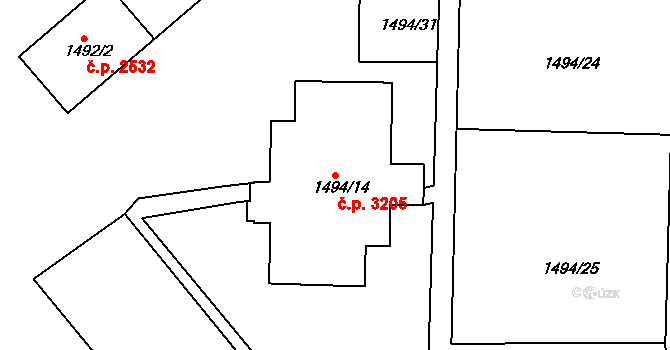 Mělník 3205 na parcele st. 1494/14 v KÚ Mělník, Katastrální mapa