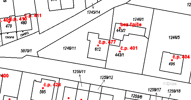 Kamenice 477 na parcele st. 612 v KÚ Kamenice u Jihlavy, Katastrální mapa