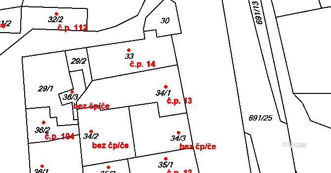 Líbeznice 13 na parcele st. 34/1 v KÚ Líbeznice, Katastrální mapa