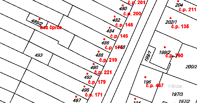 Hrušovany u Brna 219 na parcele st. 488 v KÚ Hrušovany u Brna, Katastrální mapa