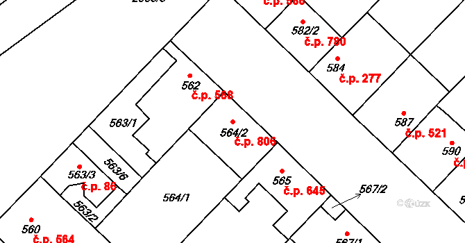 Lužice 806 na parcele st. 564/2 v KÚ Lužice u Hodonína, Katastrální mapa