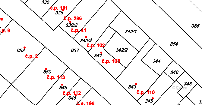 Zarazice 103, Veselí nad Moravou na parcele st. 341 v KÚ Zarazice, Katastrální mapa