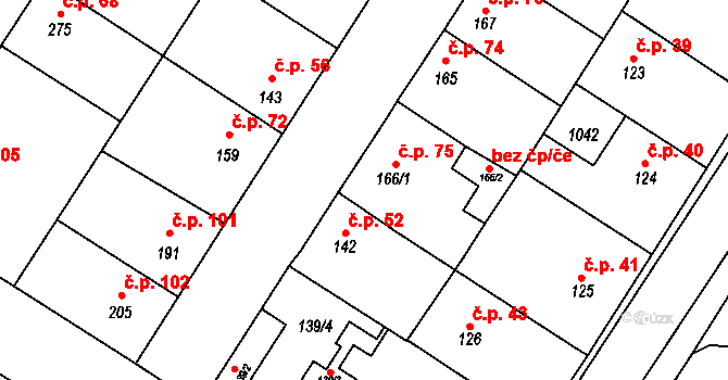 Humny 75, Pchery na parcele st. 166/1 v KÚ Pchery, Katastrální mapa