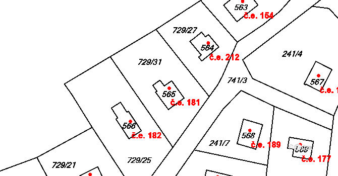 Javorník 181, Čtyřkoly na parcele st. 565 v KÚ Čtyřkoly, Katastrální mapa