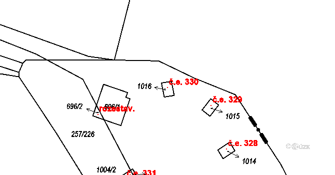 Zlenice 330, Lštění na parcele st. 1016 v KÚ Lštění, Katastrální mapa
