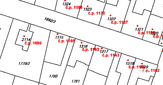 Brandýs nad Labem 1163, Brandýs nad Labem-Stará Boleslav na parcele st. 1316 v KÚ Brandýs nad Labem, Katastrální mapa