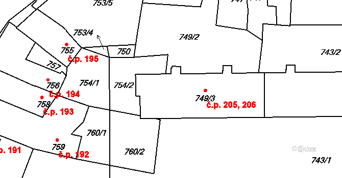 Březnice 205,206 na parcele st. 749/3 v KÚ Březnice, Katastrální mapa