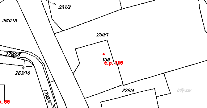Lodhéřov 116 na parcele st. 139 v KÚ Lodhéřov, Katastrální mapa