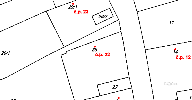Chotělice 22, Smidary na parcele st. 28 v KÚ Chotělice, Katastrální mapa