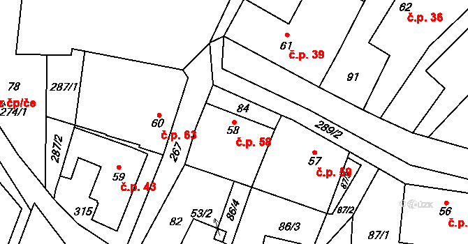 Domoradice 58, Vysoké Mýto na parcele st. 58 v KÚ Domoradice, Katastrální mapa
