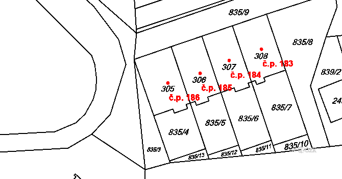 Těchonín 186 na parcele st. 305 v KÚ Těchonín, Katastrální mapa
