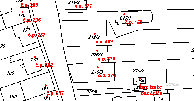 Holásky 378, Brno na parcele st. 216/3 v KÚ Holásky, Katastrální mapa