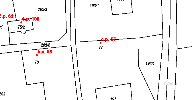 Nečemice 57, Tuchořice na parcele st. 77 v KÚ Nečemice, Katastrální mapa