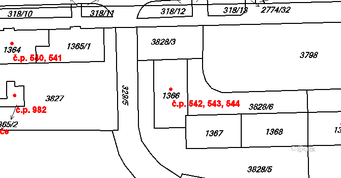 Plzeňské Předměstí 542,543,544, Rokycany na parcele st. 1366 v KÚ Rokycany, Katastrální mapa