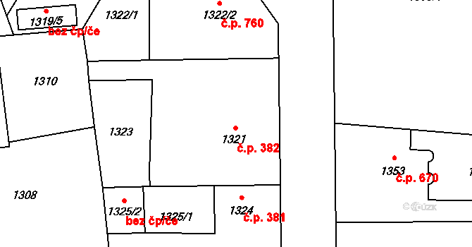 Městec Králové 382 na parcele st. 1321 v KÚ Městec Králové, Katastrální mapa