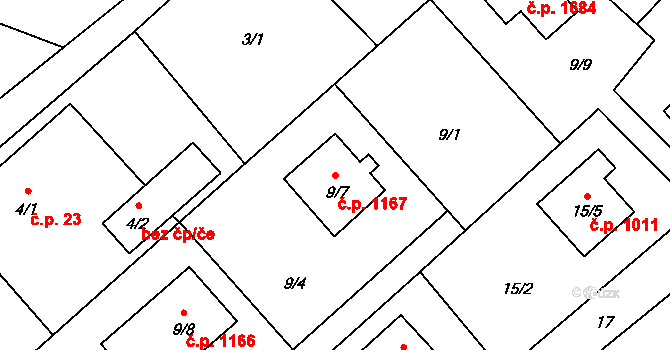 Ráj 1167, Karviná na parcele st. 9/7 v KÚ Ráj, Katastrální mapa