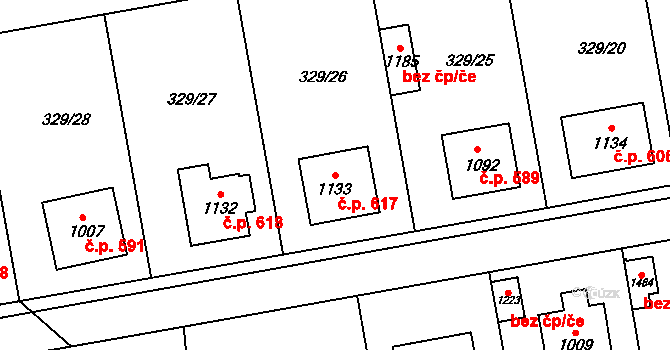 Halenkov 617 na parcele st. 1133 v KÚ Halenkov, Katastrální mapa