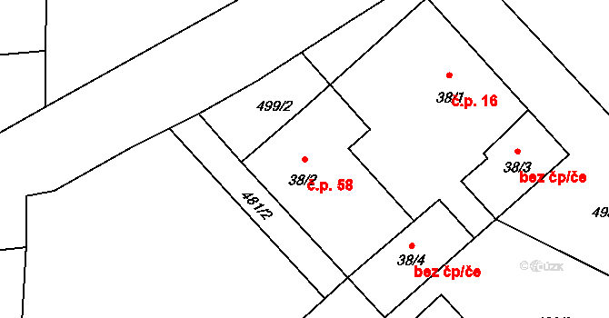 Rodvínov 58 na parcele st. 38/2 v KÚ Rodvínov, Katastrální mapa