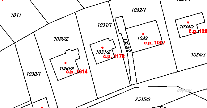 Radotín 1178, Praha na parcele st. 1031/2 v KÚ Radotín, Katastrální mapa