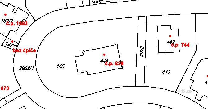 Braník 838, Praha na parcele st. 444 v KÚ Braník, Katastrální mapa