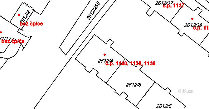 Braník 1138,1139,1140, Praha na parcele st. 2612/4 v KÚ Braník, Katastrální mapa