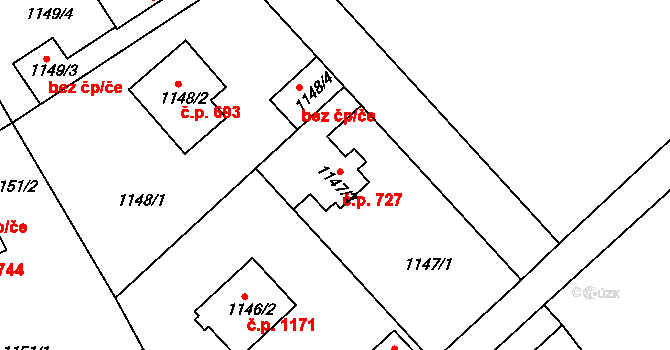 Kunratice 727, Praha na parcele st. 1147/2 v KÚ Kunratice, Katastrální mapa