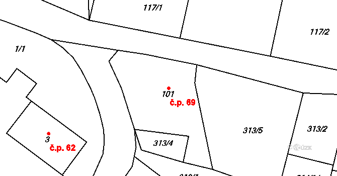 Podhůří 69, Vrchlabí na parcele st. 101 v KÚ Podhůří-Harta, Katastrální mapa