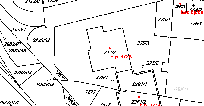Hodonín 3736 na parcele st. 344/2 v KÚ Hodonín, Katastrální mapa