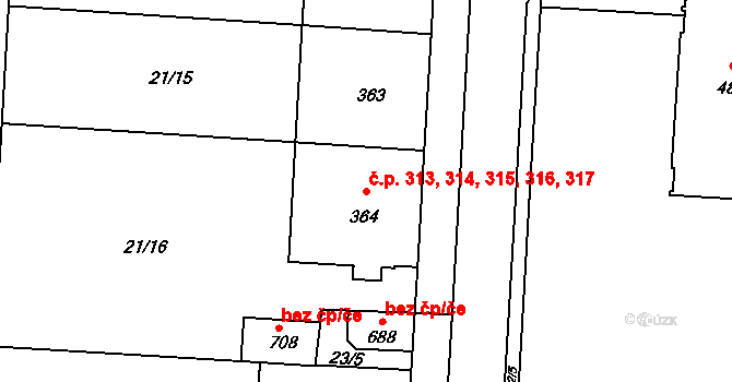 Lazce 313,314,315,316,317, Olomouc na parcele st. 364 v KÚ Lazce, Katastrální mapa
