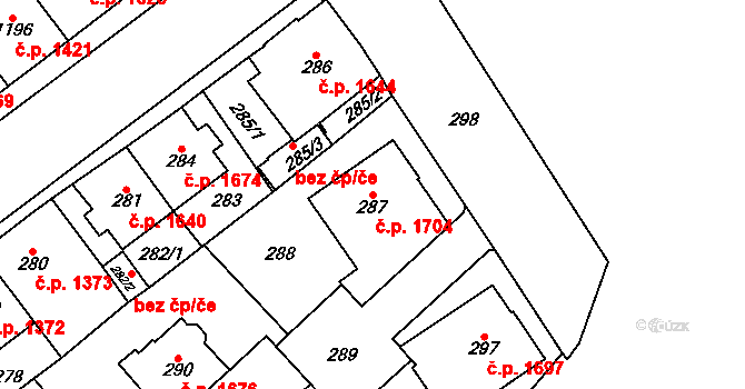 Chomutov 1704 na parcele st. 287 v KÚ Chomutov I, Katastrální mapa