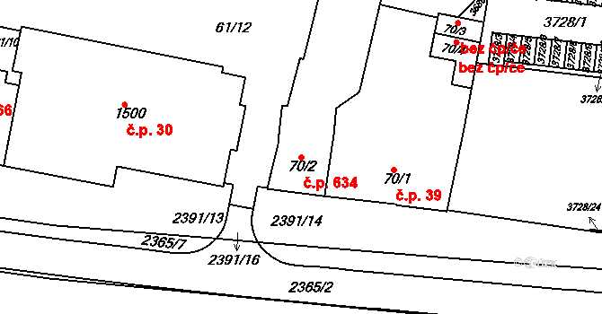 Rosice 634 na parcele st. 70/2 v KÚ Rosice u Brna, Katastrální mapa