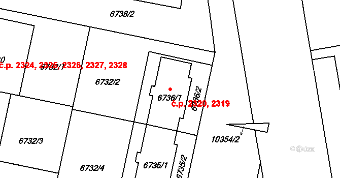 Jižní Předměstí 2319,2320, Plzeň na parcele st. 6735/1 v KÚ Plzeň, Katastrální mapa