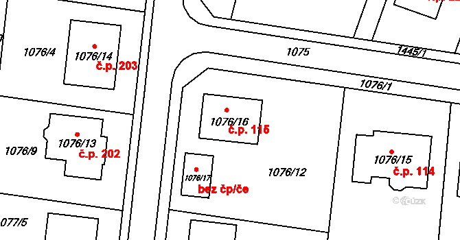 Chvalovice 115 na parcele st. 1076/16 v KÚ Chvalovice, Katastrální mapa