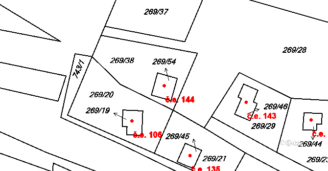 Šlovice 144, Dobřany na parcele st. 269/54 v KÚ Šlovice u Plzně, Katastrální mapa
