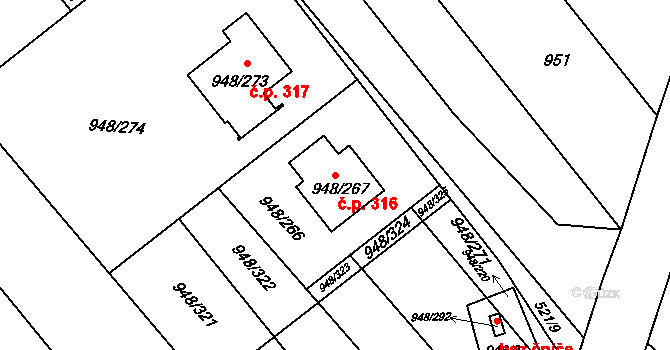 Přísnotice 316 na parcele st. 948/267 v KÚ Přísnotice, Katastrální mapa