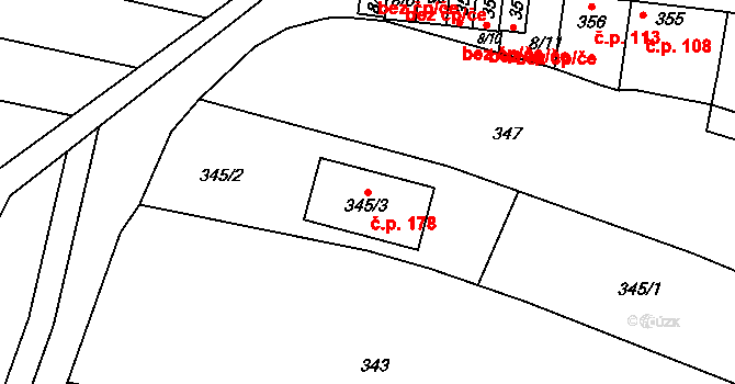 Seloutky 178 na parcele st. 345/3 v KÚ Seloutky, Katastrální mapa