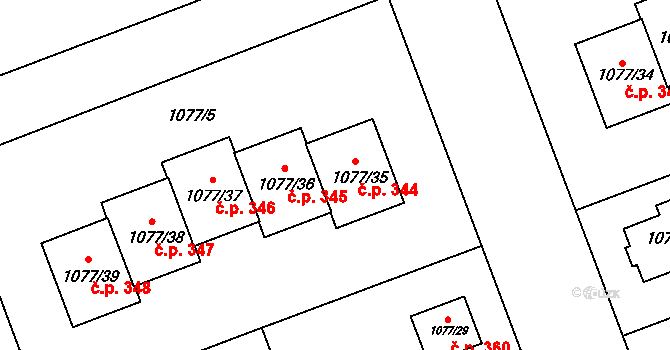 Velešovice 344 na parcele st. 1077/35 v KÚ Velešovice, Katastrální mapa