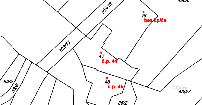 Šašovice 44, Želetava na parcele st. 47 v KÚ Šašovice, Katastrální mapa