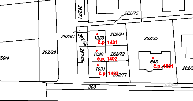Rudná 1402 na parcele st. 1030 v KÚ Hořelice, Katastrální mapa