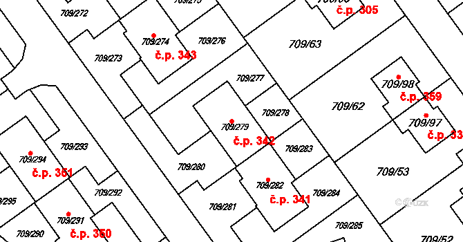 Popůvky 342 na parcele st. 709/279 v KÚ Popůvky u Brna, Katastrální mapa