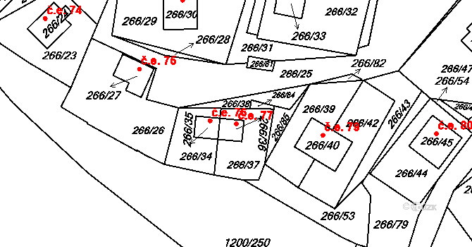 Tušimice 77, Kadaň na parcele st. 266/36 v KÚ Tušimice, Katastrální mapa