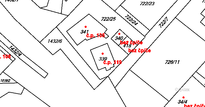 Měřín 119, Rabyně na parcele st. 339 v KÚ Blaženice, Katastrální mapa