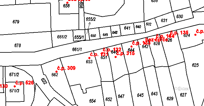 Bystřice nad Pernštejnem 132 na parcele st. 651 v KÚ Bystřice nad Pernštejnem, Katastrální mapa