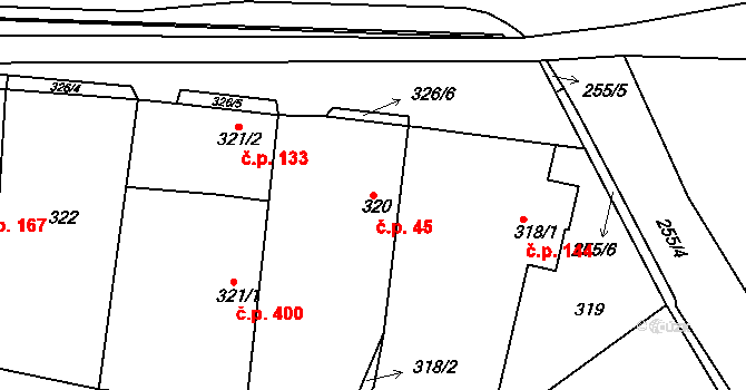 Zádveřice 45, Zádveřice-Raková na parcele st. 320 v KÚ Zádveřice, Katastrální mapa