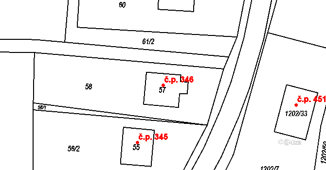 Zádveřice 346, Zádveřice-Raková na parcele st. 57 v KÚ Zádveřice, Katastrální mapa
