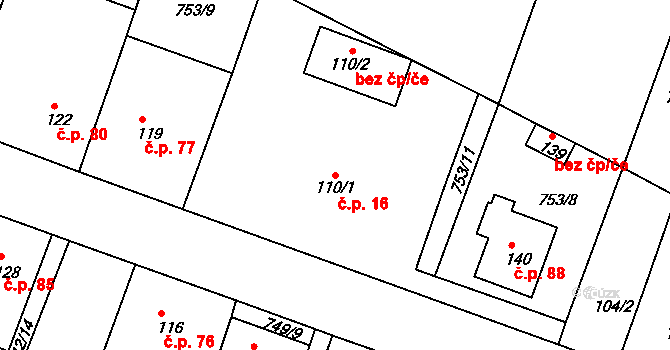 Podbřežice 16 na parcele st. 110/1 v KÚ Podbřežice, Katastrální mapa