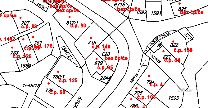 Třebíč 44138121 na parcele st. 820 v KÚ Třebíč, Katastrální mapa